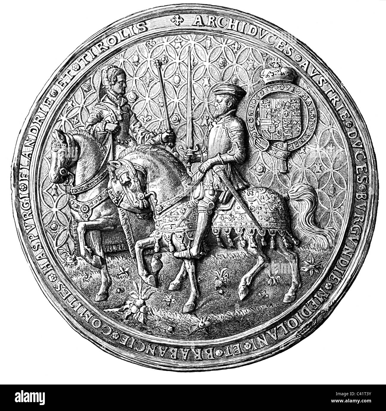 Philipp II., 21.5.1527 - 13.9. 1598, König von Spanien 16.1.1556 - 13.9.1598, mit Frau Königin Maria I. von England, Siegel, Rückseite, Holzgravur, 19h Jahrhundert, Stockfoto