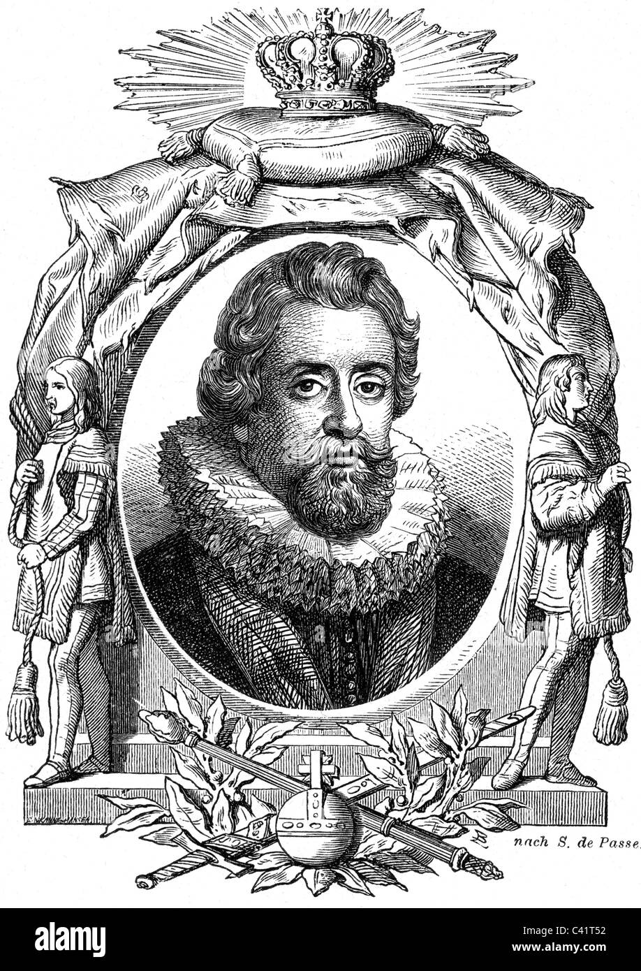 James I., 19.6.1566 - 27.3.1625, König von England 24.3.1603 - 27.3.1625, Porträt, Holzgravur, 19. Jahrhundert, Stockfoto