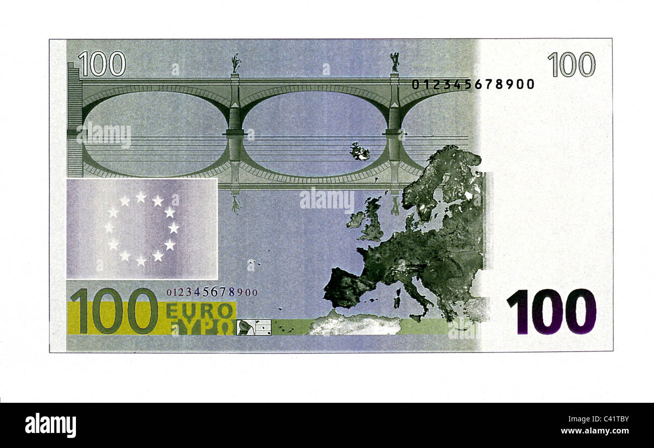 Geld, Banknoten, Euro, 100 Euro-Schein, Rückseite, Banknote, Geldschein, Rechnung, Banknoten, Banknote, Geldschein, Rechnung, Banknoten, Eu Stockfoto