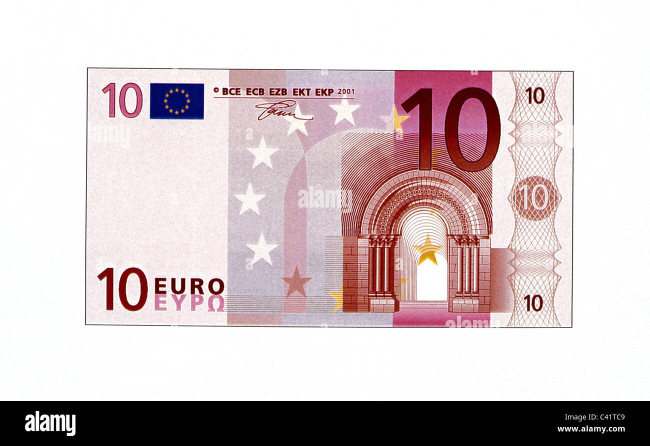 Geld, Banknoten, Euro, 10 Euro-Schein, Vorderseite, Banknote, Geldschein, Rechnung, Banknoten, Banknote, Geldschein, Rechnung, Banknoten, Eur Stockfoto