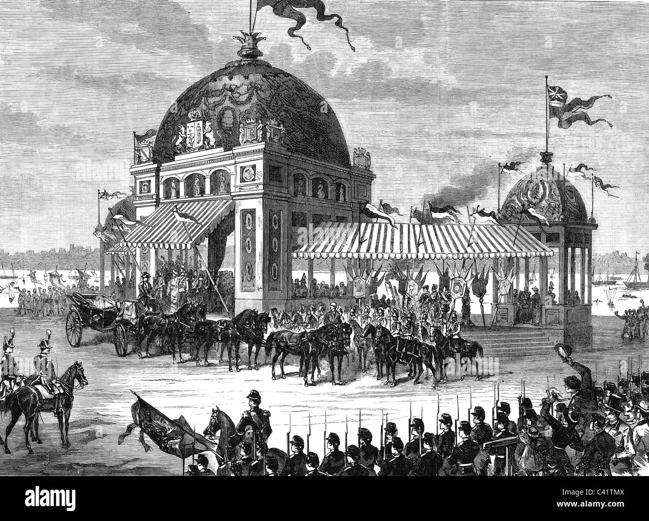 Gustav V., 16.6.1858 - 29.10.1950, König von Schweden 8.12.1907 - 29.10.1950, mit Frau Victoria, in Stockholm, Holzgravur, Oktober 1881, Stockfoto