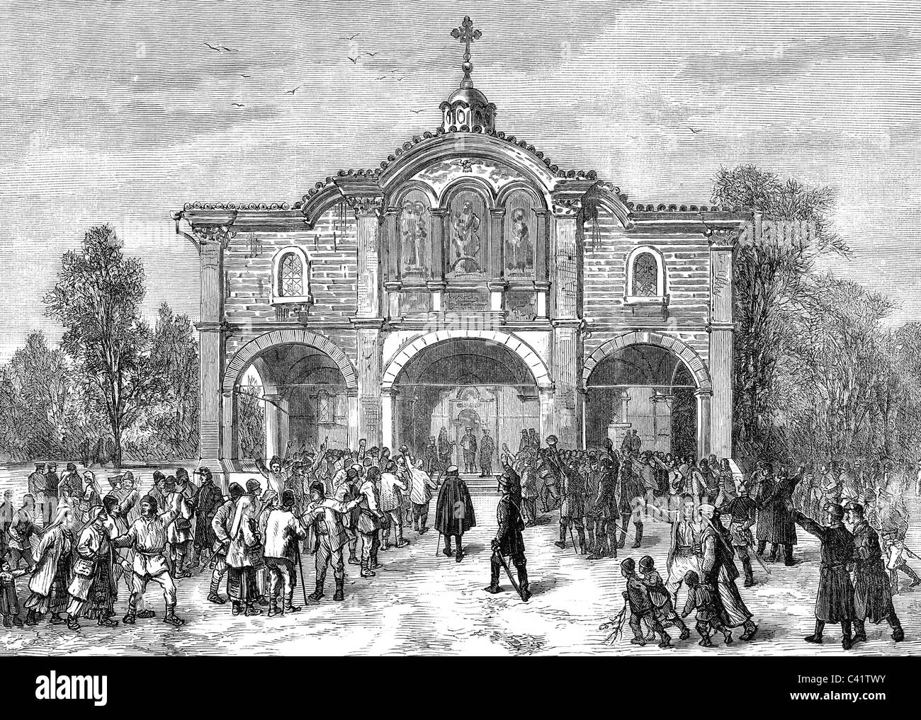 Ereignisse, Elfter russisch-türkischer Krieg 1877 - 1878, Ansage der Kapitulation von Pleven 10.12.1877 in der Kathedrale von Sewliewo, Bulgarien, Holzstich nach Zeichnung durch einen Offizier, Dezember 1877, Plevna, Menschen, Menschenmenge, Jubel, Osmanisches Reich, Balkan-Krise, Russisch-Türkisch, 19. Jahrhundert, historisch, historisch, Zusatzrechte-Clearences-nicht vorhanden Stockfoto