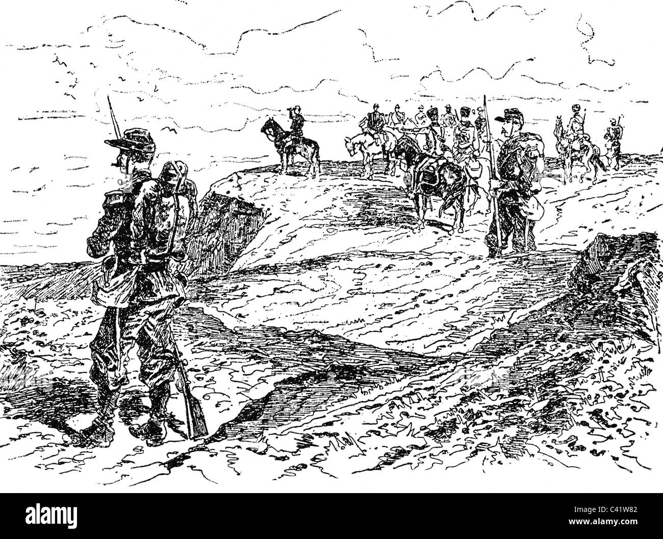 Veranstaltungen, Deutsch-Französischer Krieg 1870 - 1871, französischer Beobachtungsposten, August 1870, Holzstich, Ende 19. Jahrhundert, Frankreich, Soldaten, Streikposten, Lothringen, Franco - Preußen, historisch, historisch, Menschen, Zusatzrechte-Clearences-nicht vorhanden Stockfoto