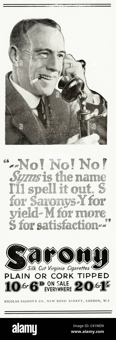 Original 1920er Jahre Magazin Werbung für SARONY VIRGINIA-Zigaretten Stockfoto