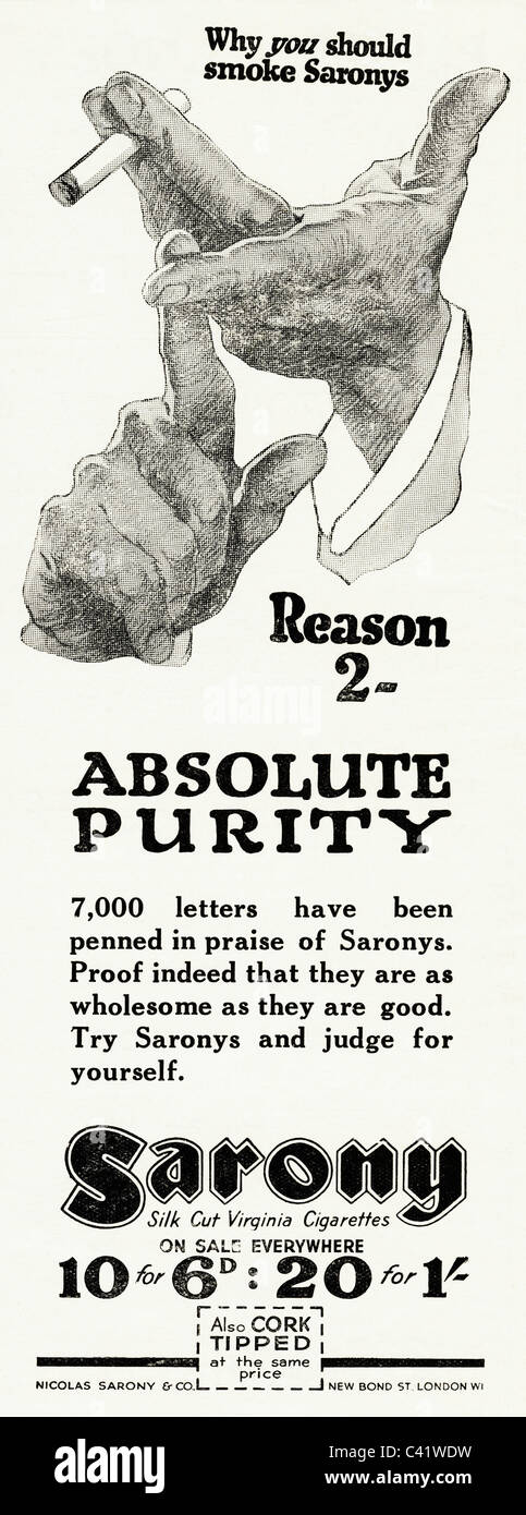 Original 1920er Jahre Magazin Werbung für SARONY VIRGINIA-Zigaretten Stockfoto