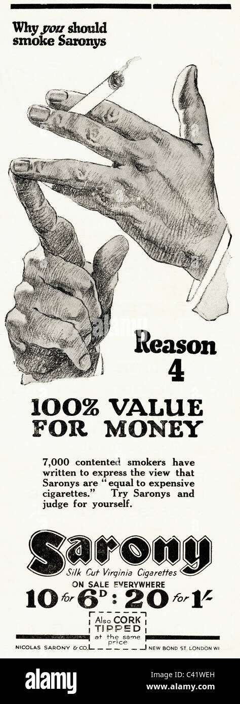 Original 1920er Jahre Magazin Werbung für SARONY VIRGINIA-Zigaretten Stockfoto