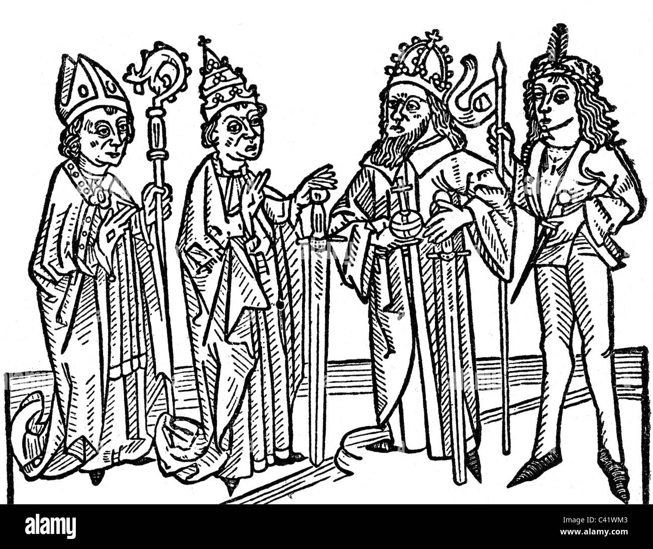 Mittelalter, Gesellschaft, Bischof, Papst, Kaiser und Ritter, 'Sachsenspiegel' von Eike von Repgow, 1220 - 1235, Holzschnitt, Deutschland, 15. Jahrhundert, , Zusatzrechte-Clearenzen-nicht vorhanden Stockfoto