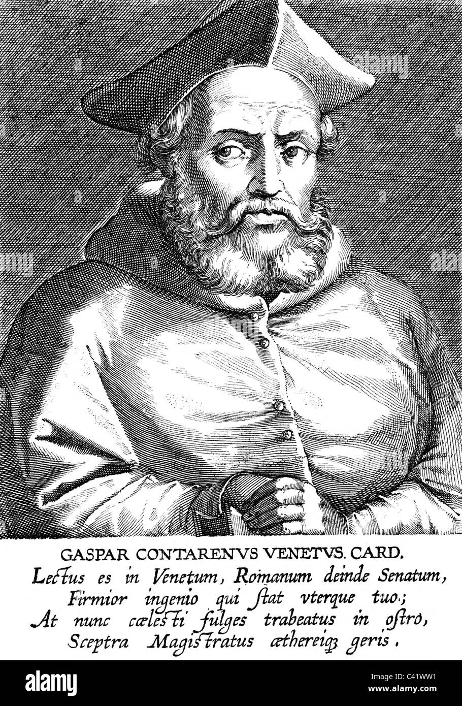 Gasparo Contarini,, 16.10.1483 - 24.8.1542, venezianischen Geistlicher und Diplomat, halbe Länge, Kupferstich, 16. Jahrhundert, Artist's Urheberrecht nicht gelöscht werden Stockfoto