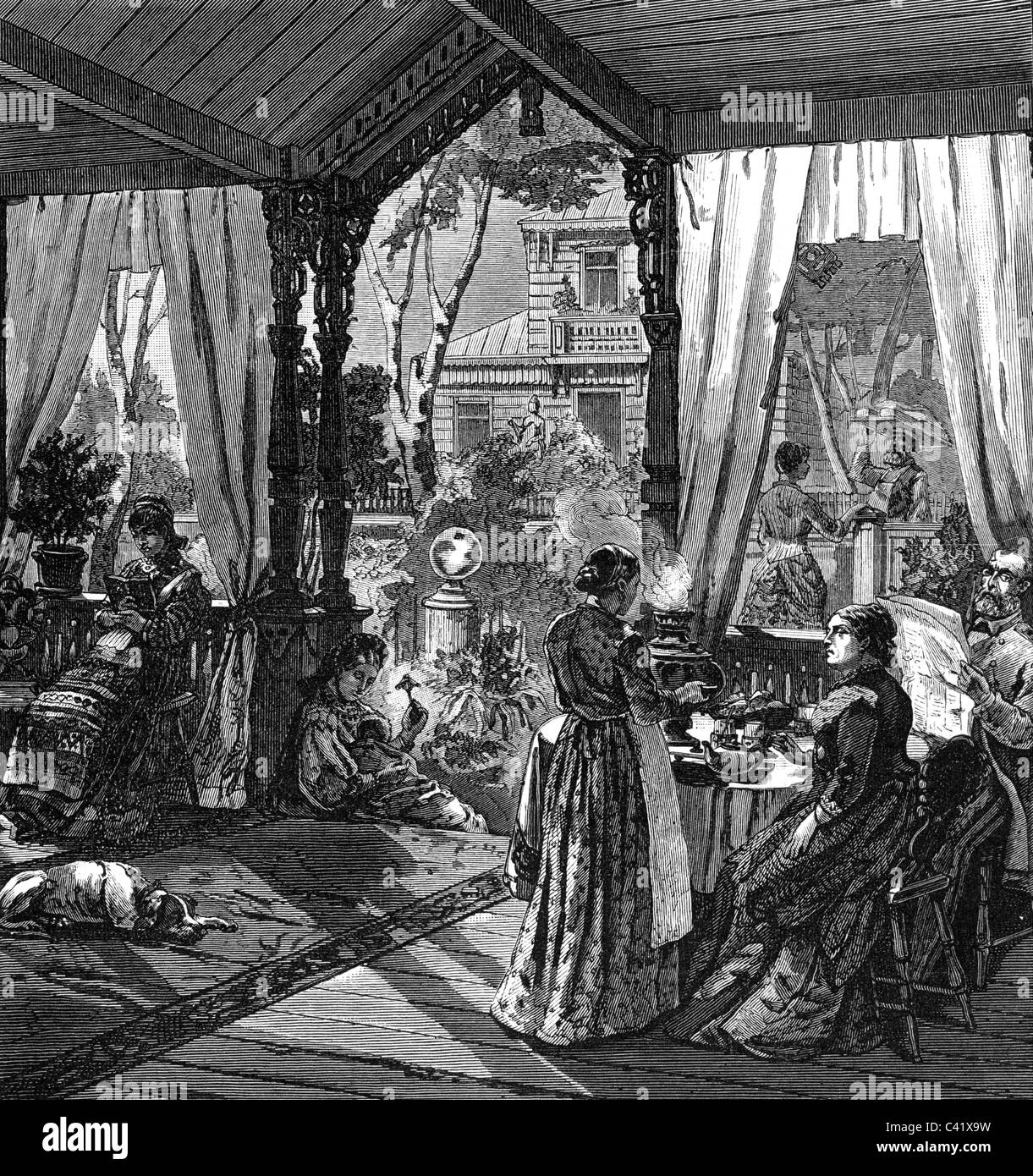 Geographie / Reisen, Russland, Menschen, auf einer Datscha, Holzstich nach Zeichnung von G. Broling, Ende 19. Jahrhundert, Familie, Freizeit, Diener, Tee, Samowar, Lesen, Zeitung, Russisches Reich, historisch, historisch, Zusatzrechte-Clearences-nicht vorhanden Stockfoto