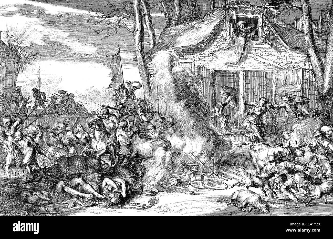 Veranstaltungen, französisch-niederländischen Krieges 1672-1679, Grausamkeiten von französischen Soldaten in den Niederlanden 1672, zeitgenössischer Kupferstich von Romain de Hooghe, Holländischen Krieg, Frankreich, Plünderungen, Plünderungen, Militär, Tötung, Brennen, Feuer, Leichen, Kampagne, 17. Jahrhundert, historische, historische, Personen, Artist's Urheberrecht nicht gelöscht werden Stockfoto