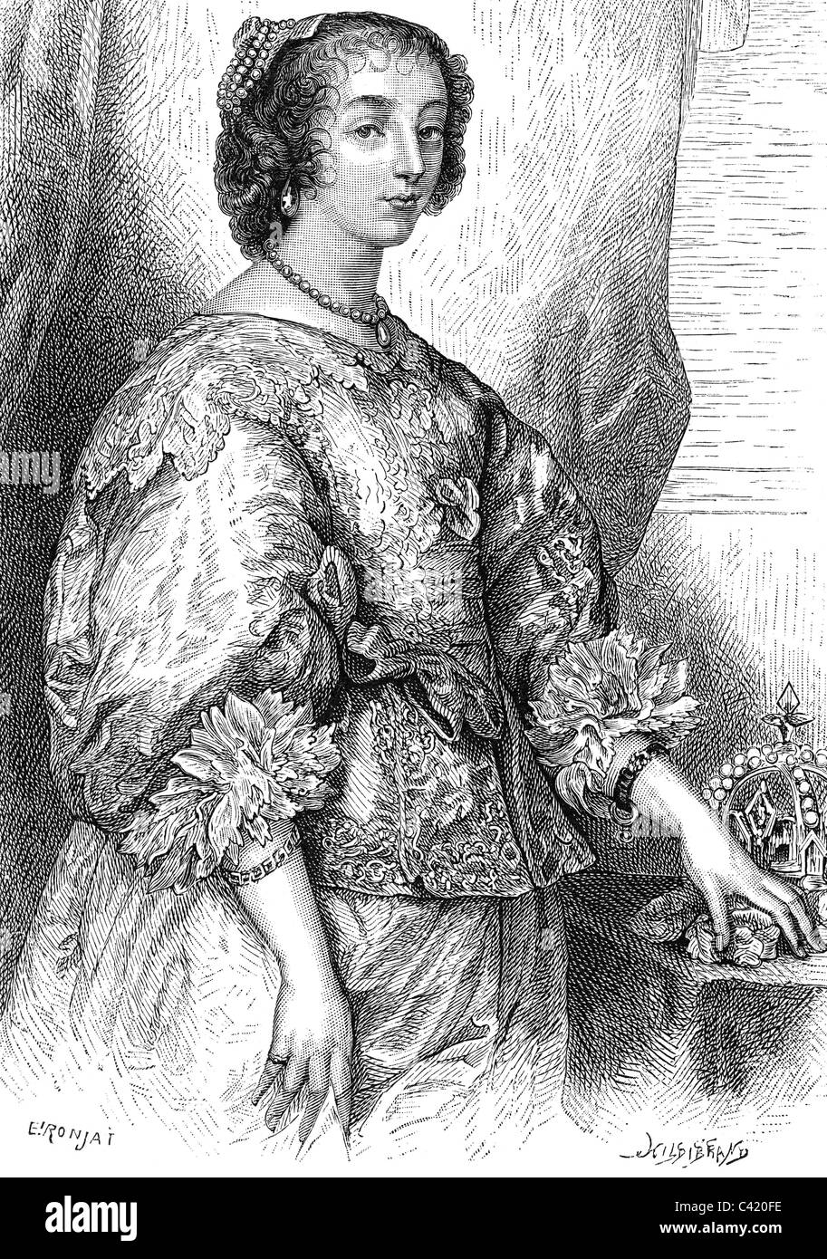 Henriette Maria, 26.11.1609 - 31.8.1669, Königin von England und Schottland 11.5.1625 - 30.1.1649, halbe Länge, Holzgravur, 19. Jahrhundert, Stockfoto