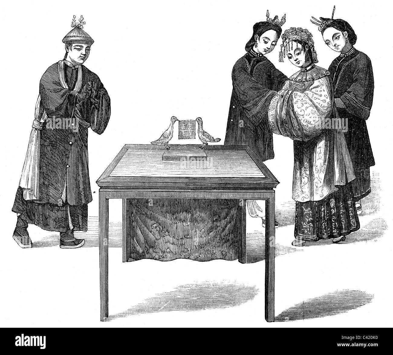 Personen, Heirat, Vorbereitungen, Unterzeichnung des Vorvertrages in China, Holzstich, Deutschland, 1857, Zusatzrechte-Clearences-nicht vorhanden Stockfoto
