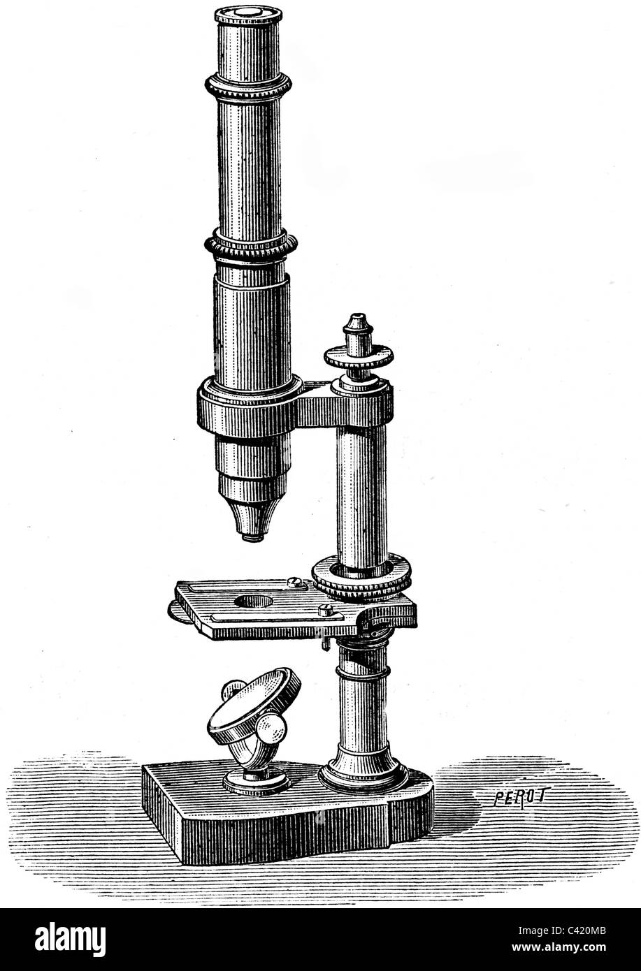 Buchillustration des 19. Jahrhunderts, 9. Auflage (1875) der Encyclopaedia Britannica, Mikroskop entnommen Stockfoto