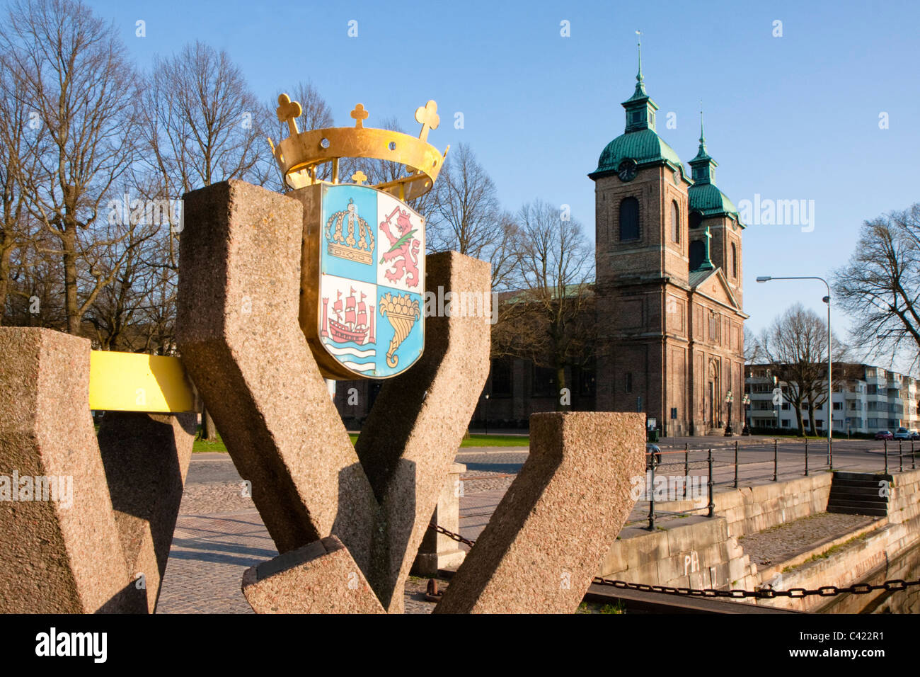 Landskrona Kommunvapen Och Sofia Albertina kyrka Stockfoto