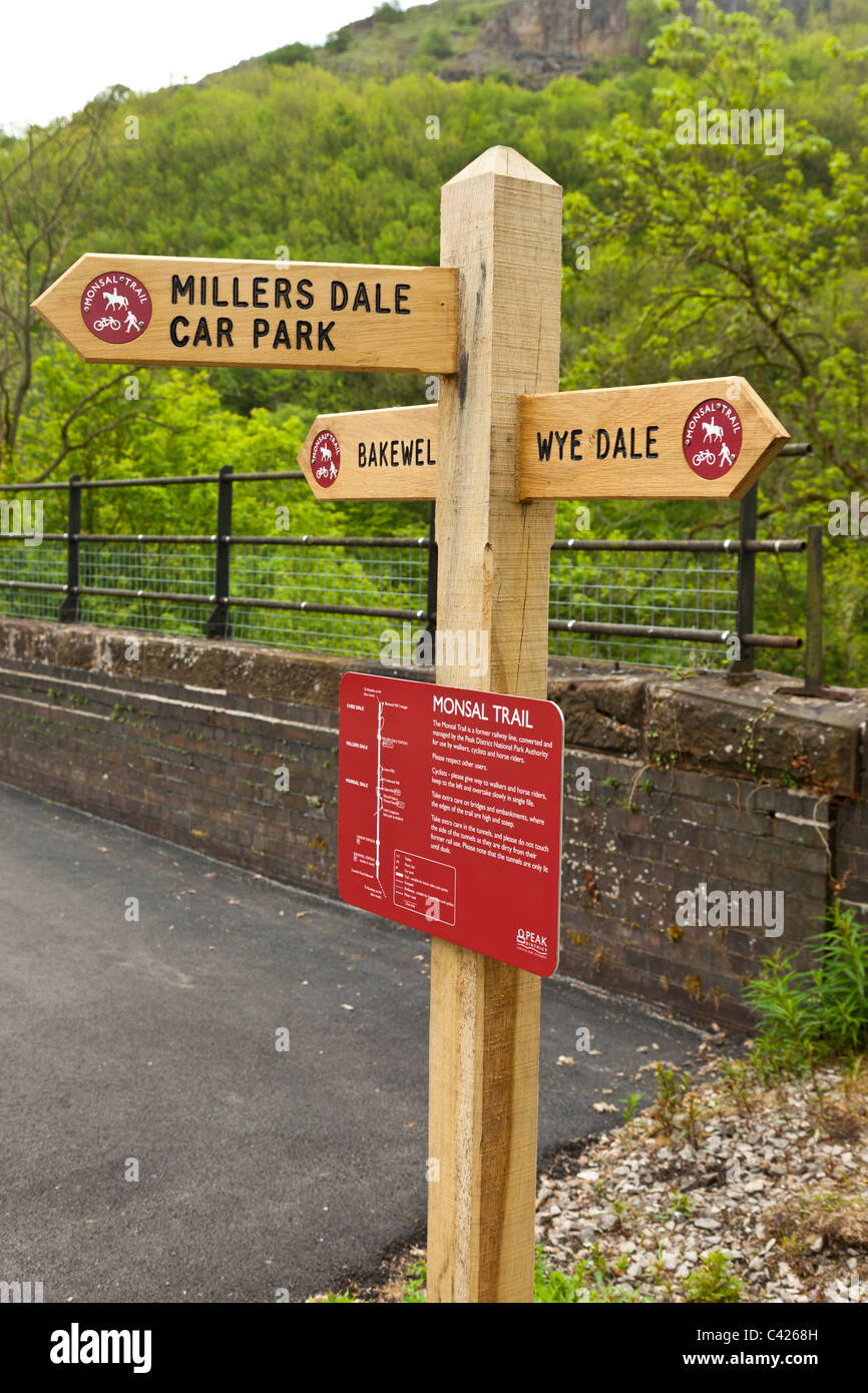 Wegweiser auf dem Monsal Weg an Millers Dale Bahnhof, Derbyshire, Peak District Stockfoto