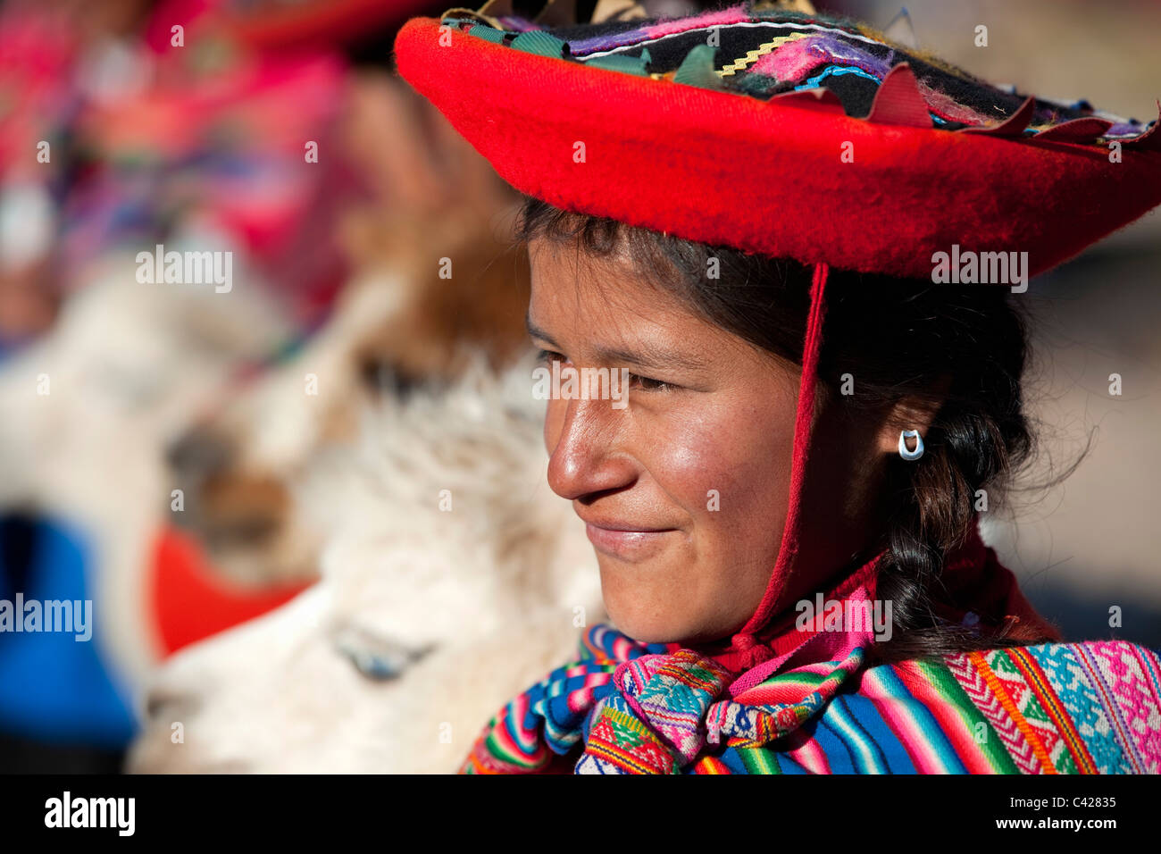 Peru, Cusco, Cuzco, Indianerin mit Alpaka. Stockfoto