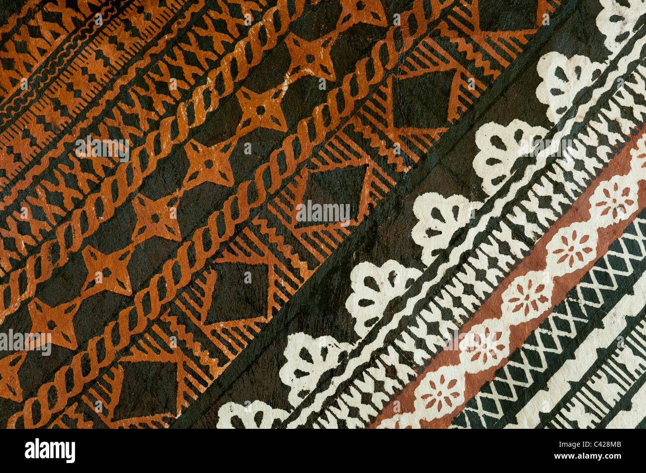 Detail der Tapa-Tuch-Design; Tongo Dorf, Qamea Island, Fidschi. Stockfoto