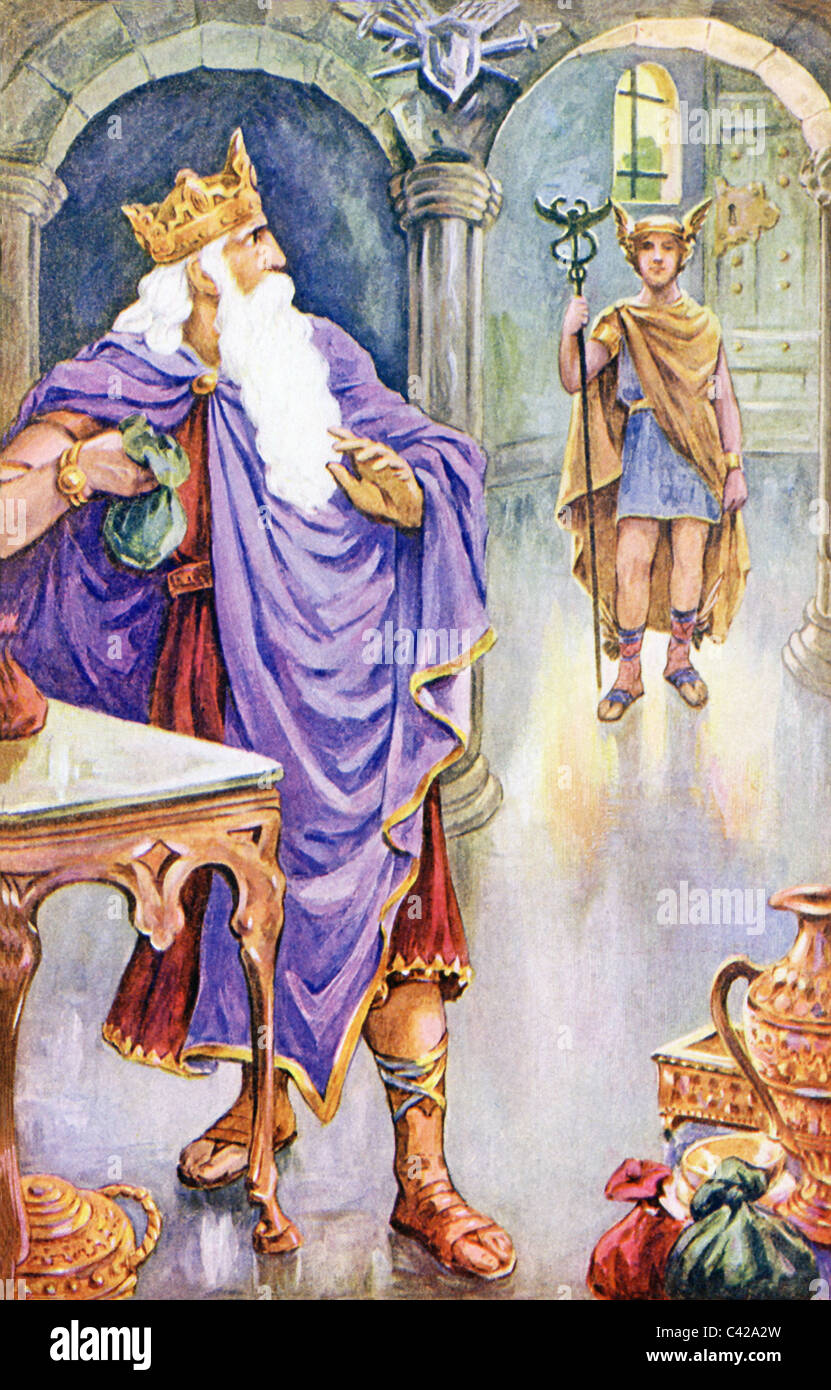König Midas wird angezeigt, die von einem fremden, der eigentlich der Gesandte Gottes Hermes ist besucht. Stockfoto