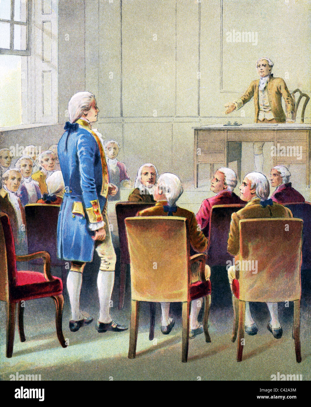 George Washington zeigt seiner Ernennung zum Oberbefehlshaber der Kontinentalarmee, eine Position, die er während des Krieges. Stockfoto
