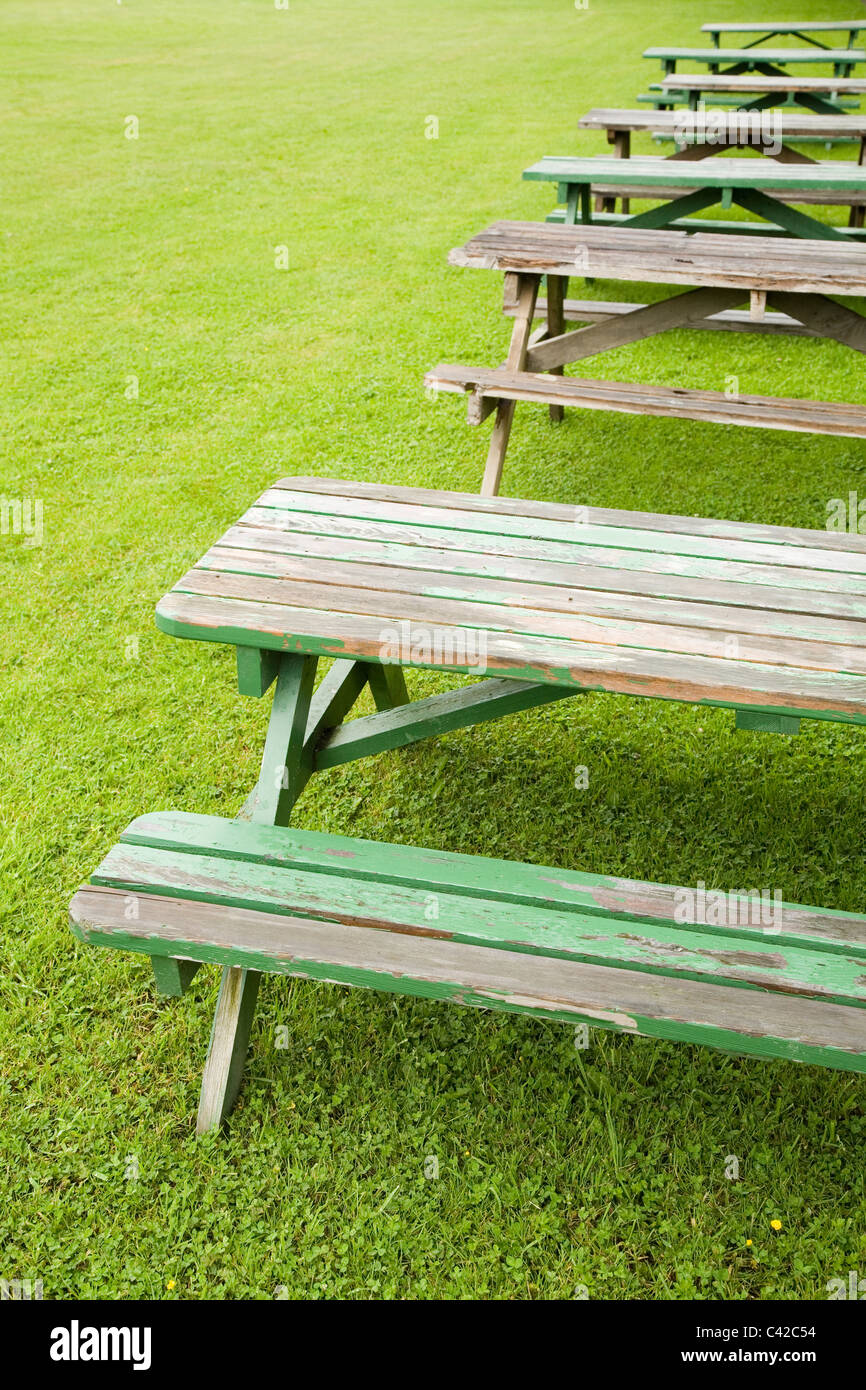 Bank und grünen Rasen in einem park Stockfoto