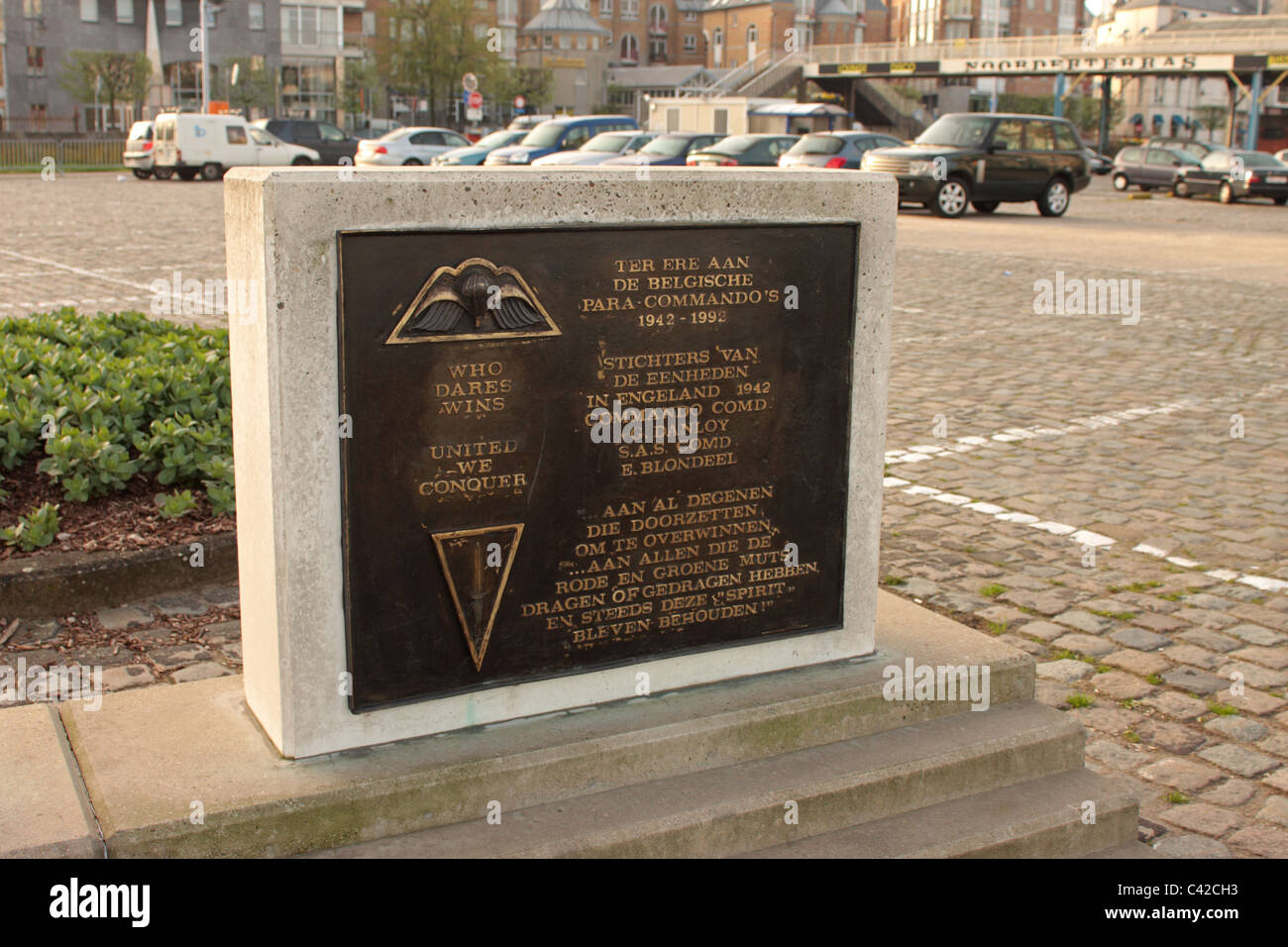 Denkmal für die Männer der Belgien SAS (Special Air Service), die geholfen haben, Antwerpen während des 2. Weltkrieges zu verteidigen Stockfoto
