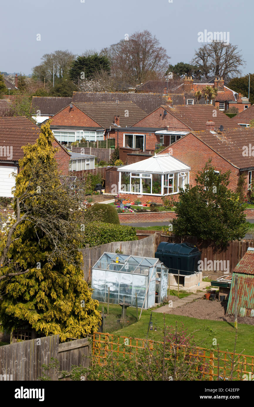 Suburban Gardens mit Gewächshaus und Pflanze Konservatorium. North Walsham, Norfolk. Stockfoto