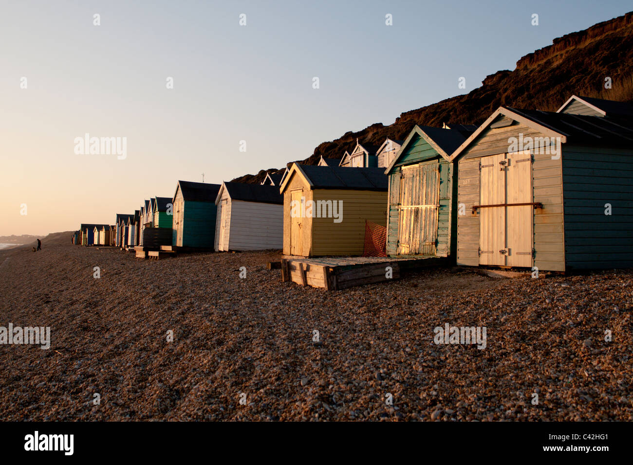 Strandhütten bei Milford am Meer, Hampshire, UK Stockfoto
