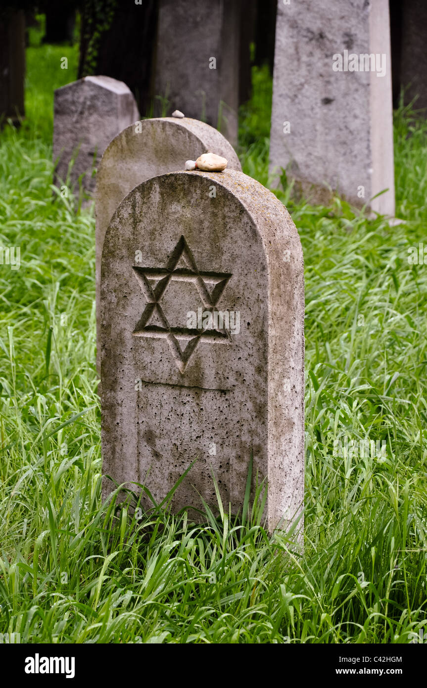 ein einsamer Grabstein auf dem jüdischen Friedhof umgeben von Rasen Stockfoto