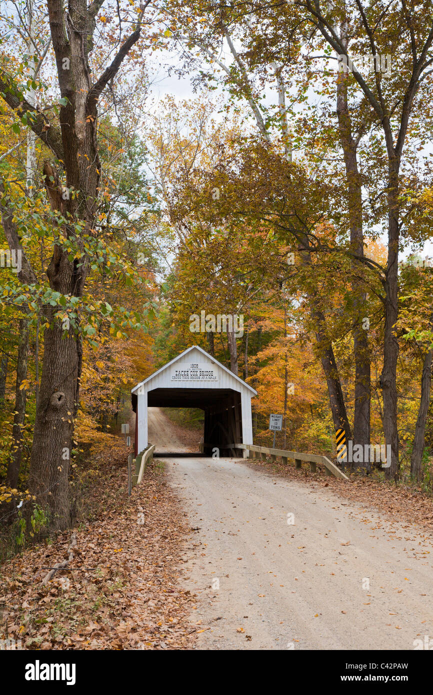 Zacke Cox Covered Bridge entstand im Jahre 1908 Span Rock laufen oder Eisen Run Creek in Bradford Station im Parke County, Indiana, USA Stockfoto