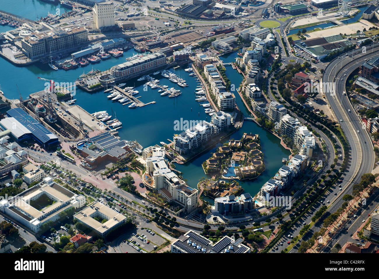 Luftbild von der Waterfront Marina in Cape Town, Südafrika. Stockfoto