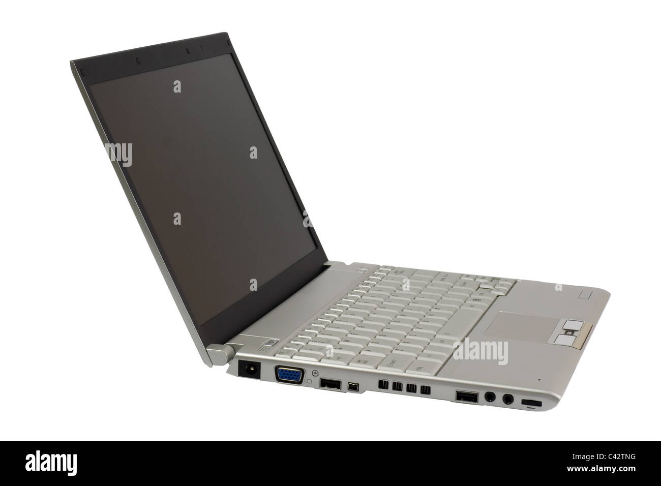 Seitenansicht eines Laptops isoliert auf weißem Hintergrund Stockfoto
