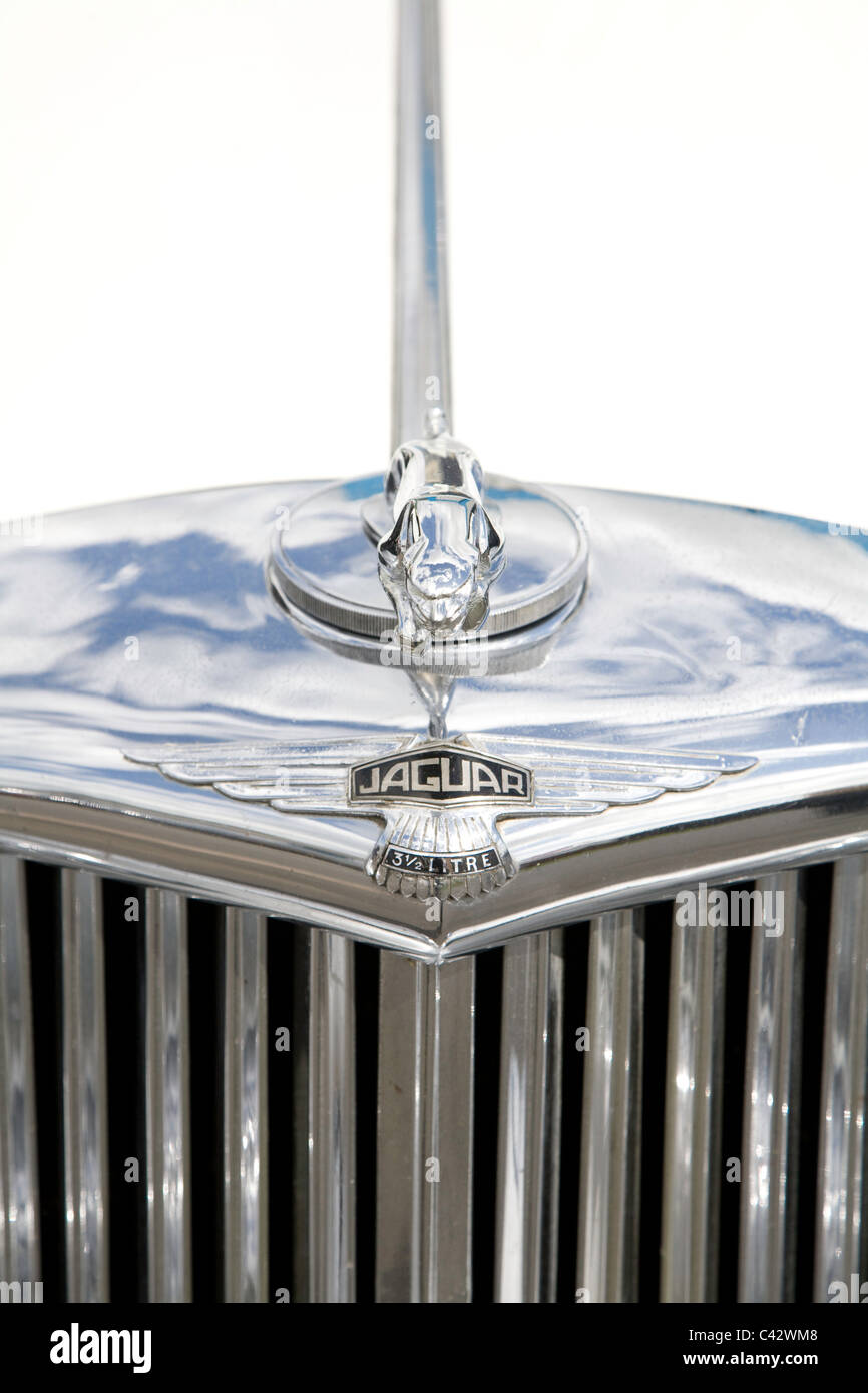 Detail der Abzeichen und Heizkörper Maskottchen der Jaguar Oldtimer. Stockfoto