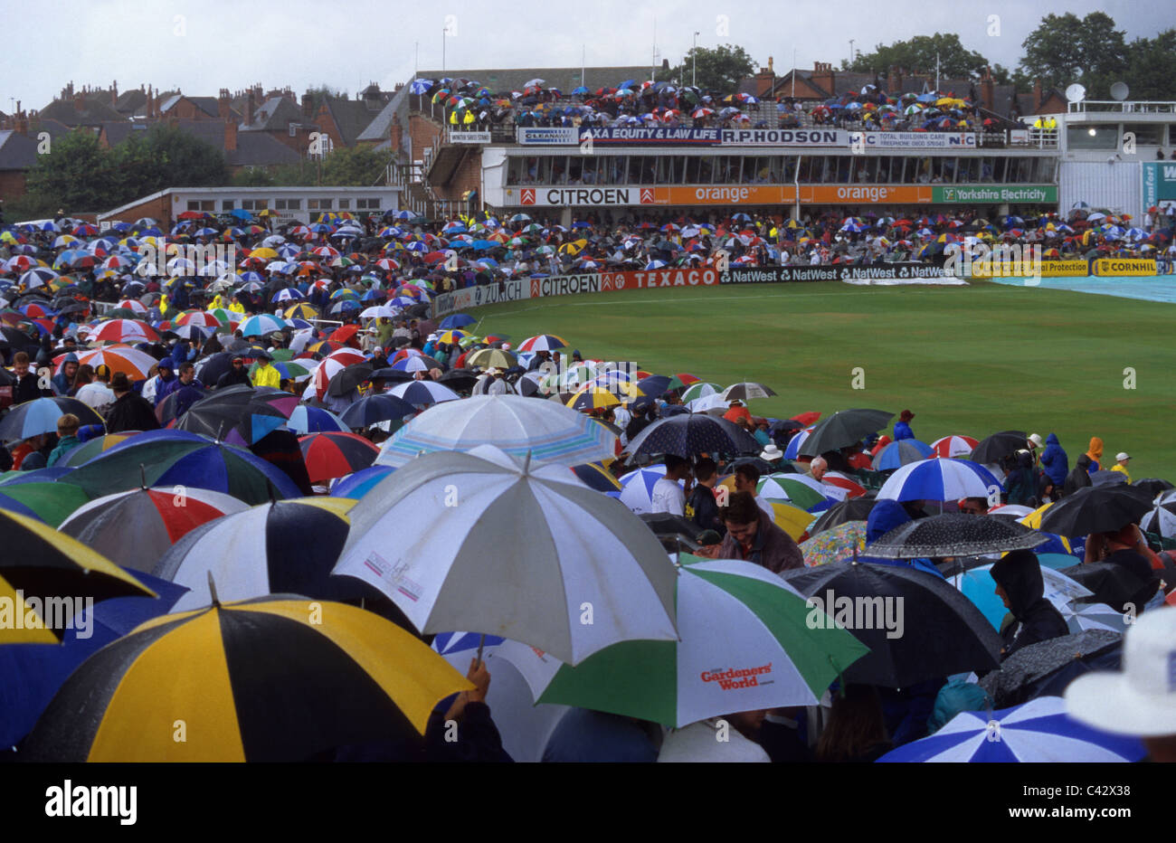 Zuschauer, die Beherbergung von Gewitter während England V Australien cricket Testspiel in Headingley Leeds Yorkshire UK Stockfoto