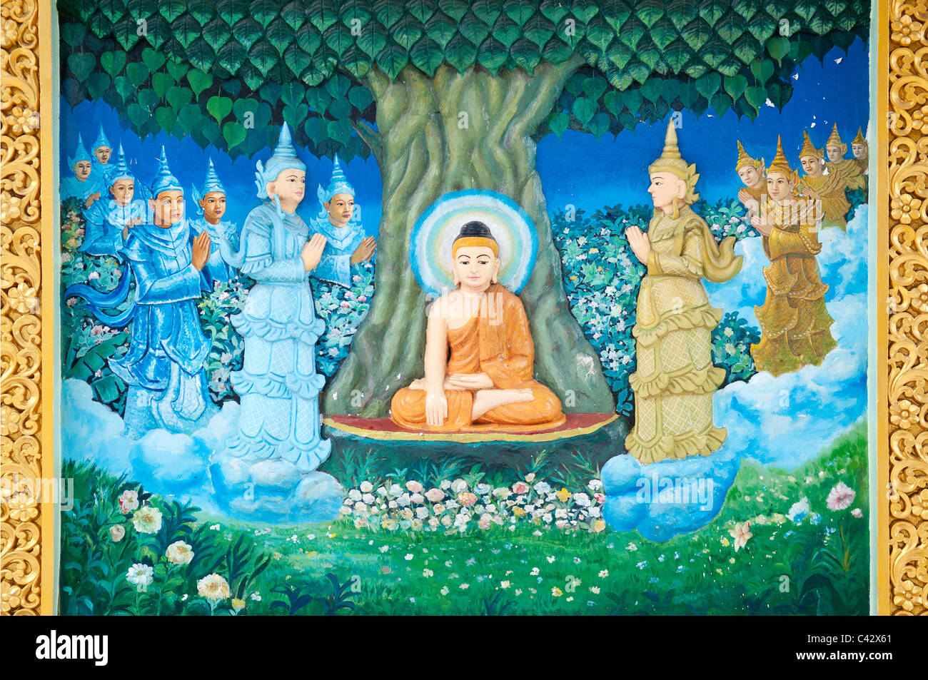 buddhistische Wandgemälde im Shwedagon Paya Yangon myanmar Stockfoto