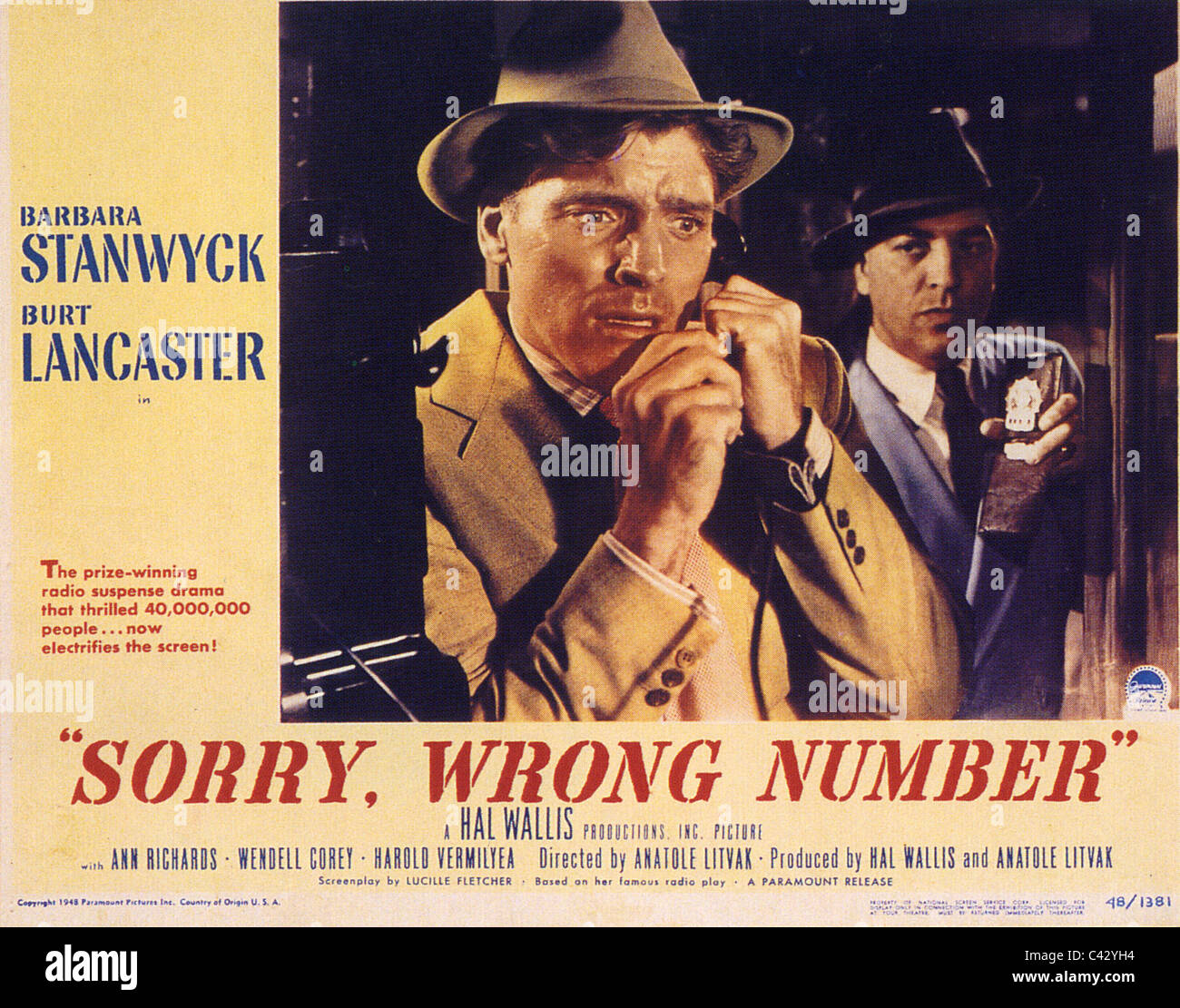 SORRY, WRONG NUMBER Plakat für 1948 Paramount film mit Burt Lancaster Stockfoto