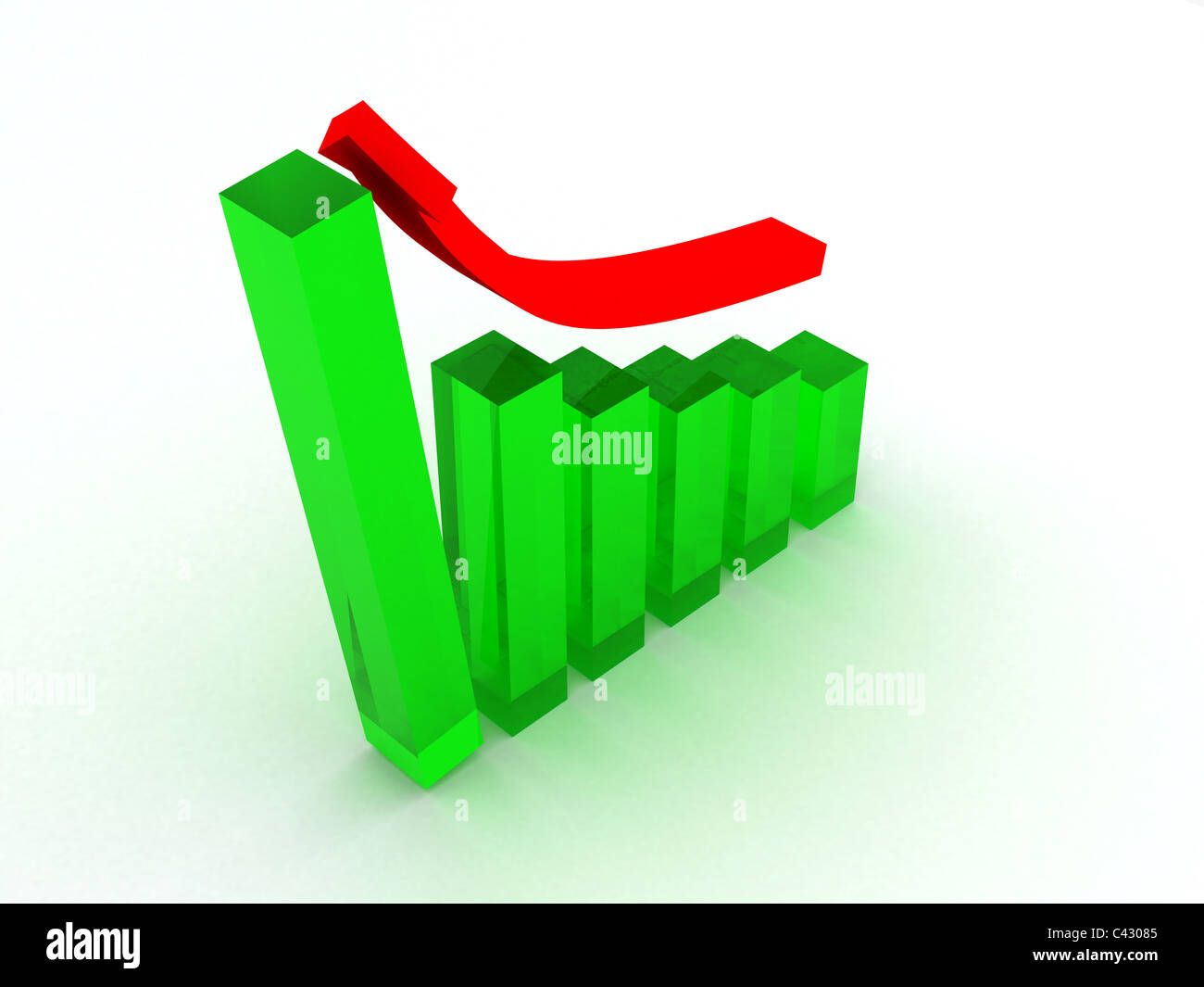 Wachstumsdiagramm - Rote 3d Gewinn Pfeil über ein Balkendiagramm Stockfoto