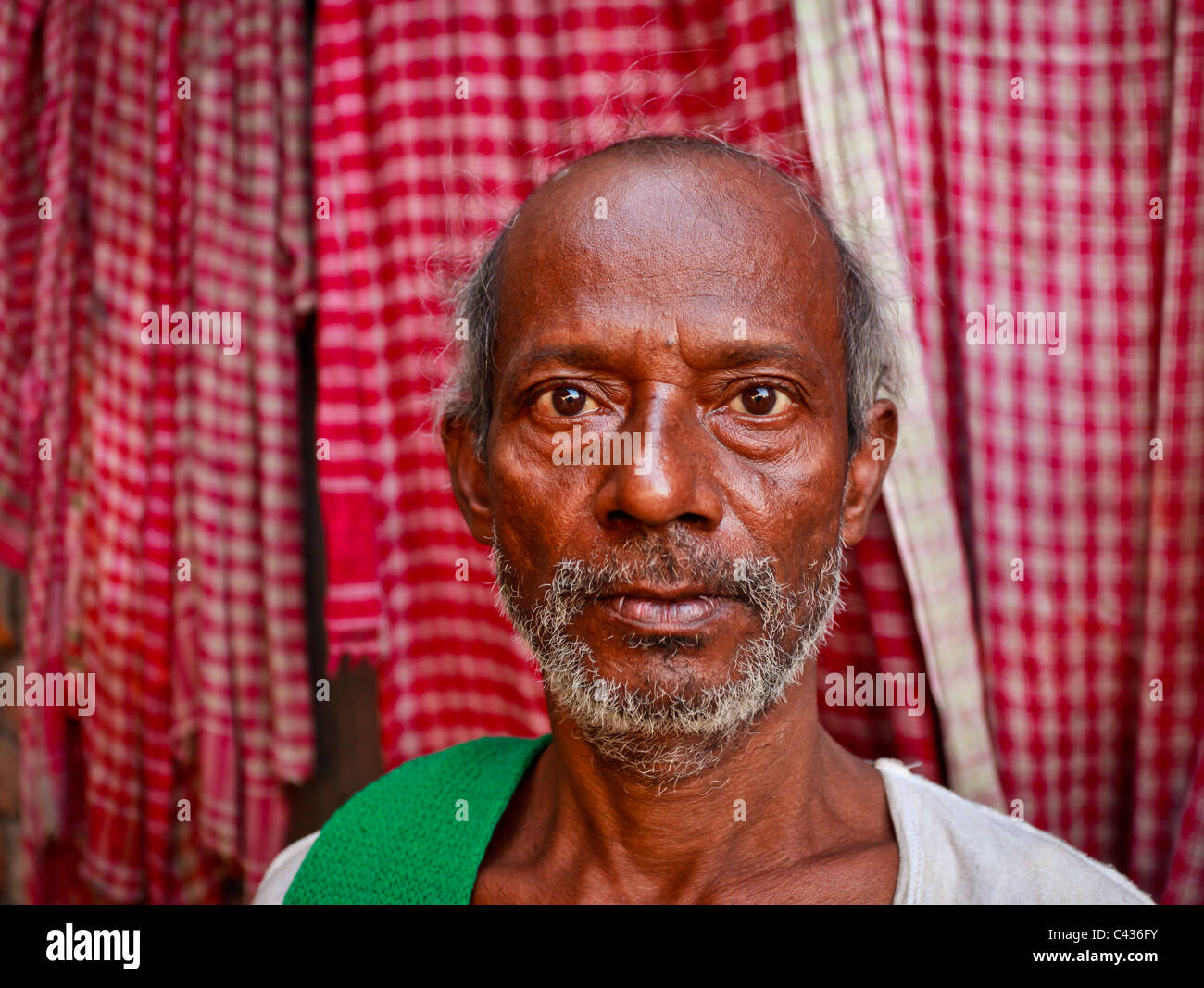 Portrait von älteren Blume Verkäufer aus dem Malik Ghat Blumenmarkt in Kolkata, West Bengal, Indien Stockfoto