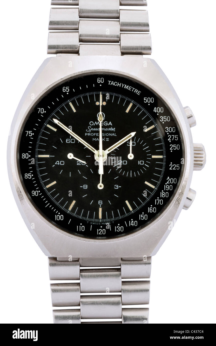 Omega Speedmaster Professional Mark II Edelstahl Swiss Chronograph Armbanduhr mit schwarzem Zifferblatt und weißen Hände JMH4890 Stockfoto