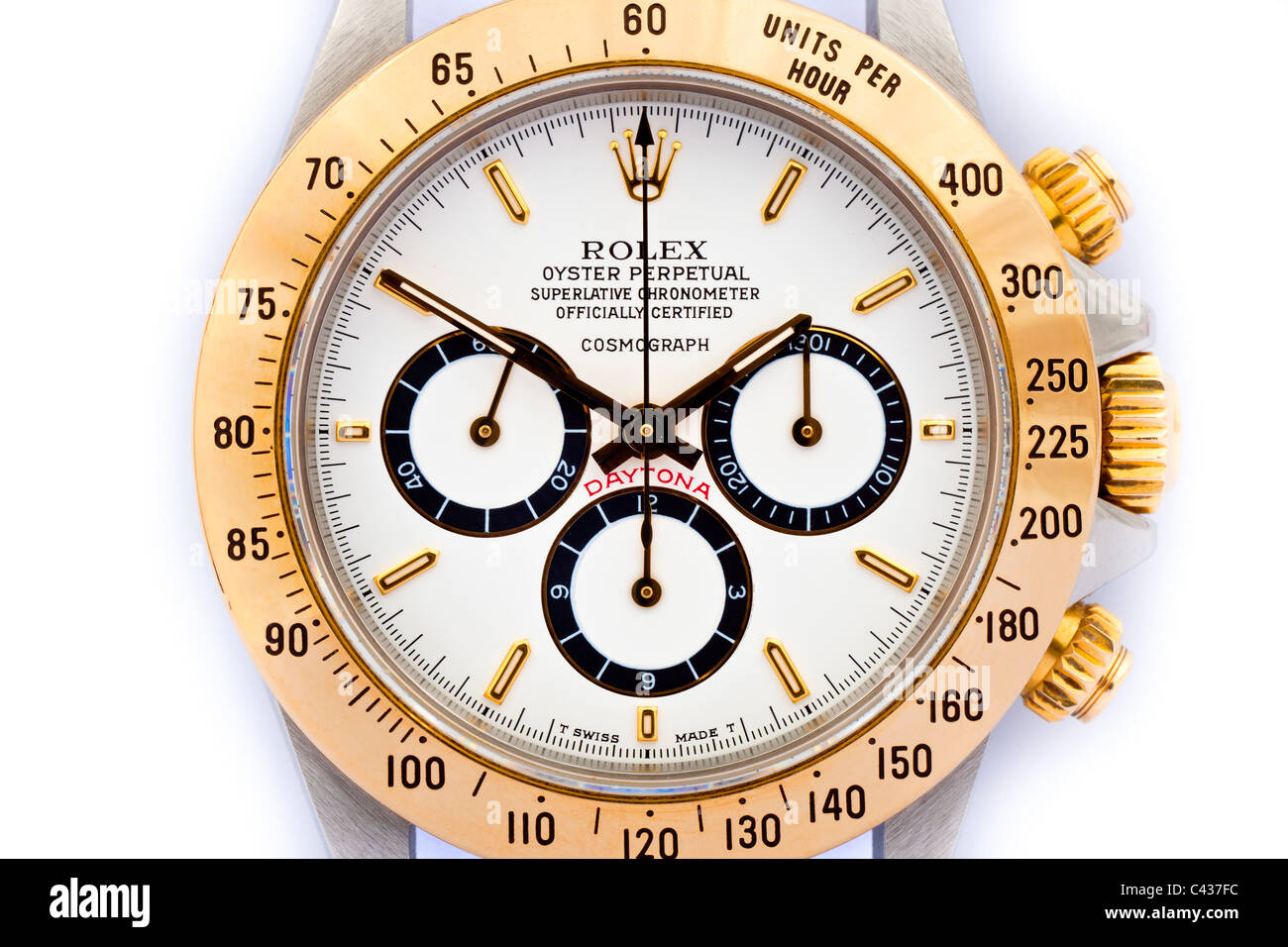 Rolex Daytona Cosmograph Oyster Perpetual Chronometer 18k Gold und Stahl Swiss Chronograph Armbanduhr mit weißem Zifferblatt JMH4898 Stockfoto
