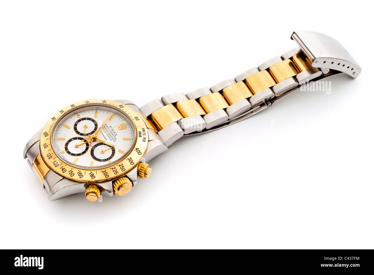 Rolex Daytona Cosmograph Oyster Perpetual Chronometer 18k Gold und Stahl Swiss Chronograph Armbanduhr mit weißem Zifferblatt JMH4899 Stockfoto