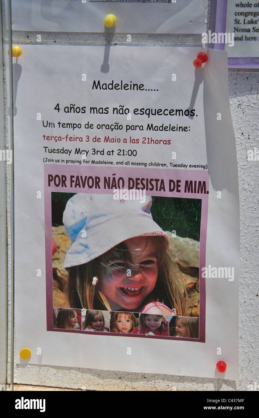 Fehlender Hinweis für Madeleine McCann, Praia da Luz, Algarve Region, Portugal Stockfoto