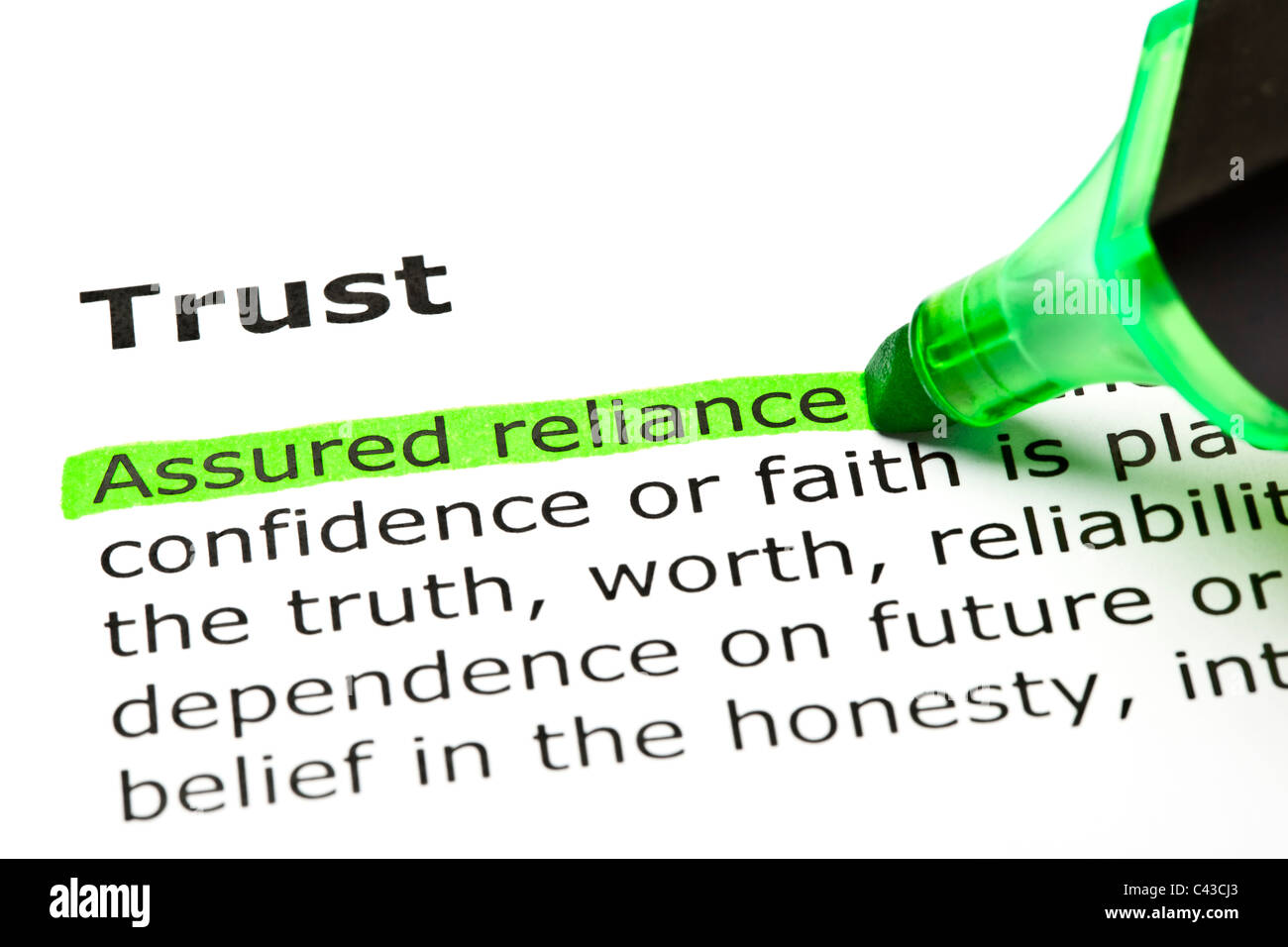 "Versicherte Vertrauen" grün, unter der Überschrift "Trust" markiert Stockfoto