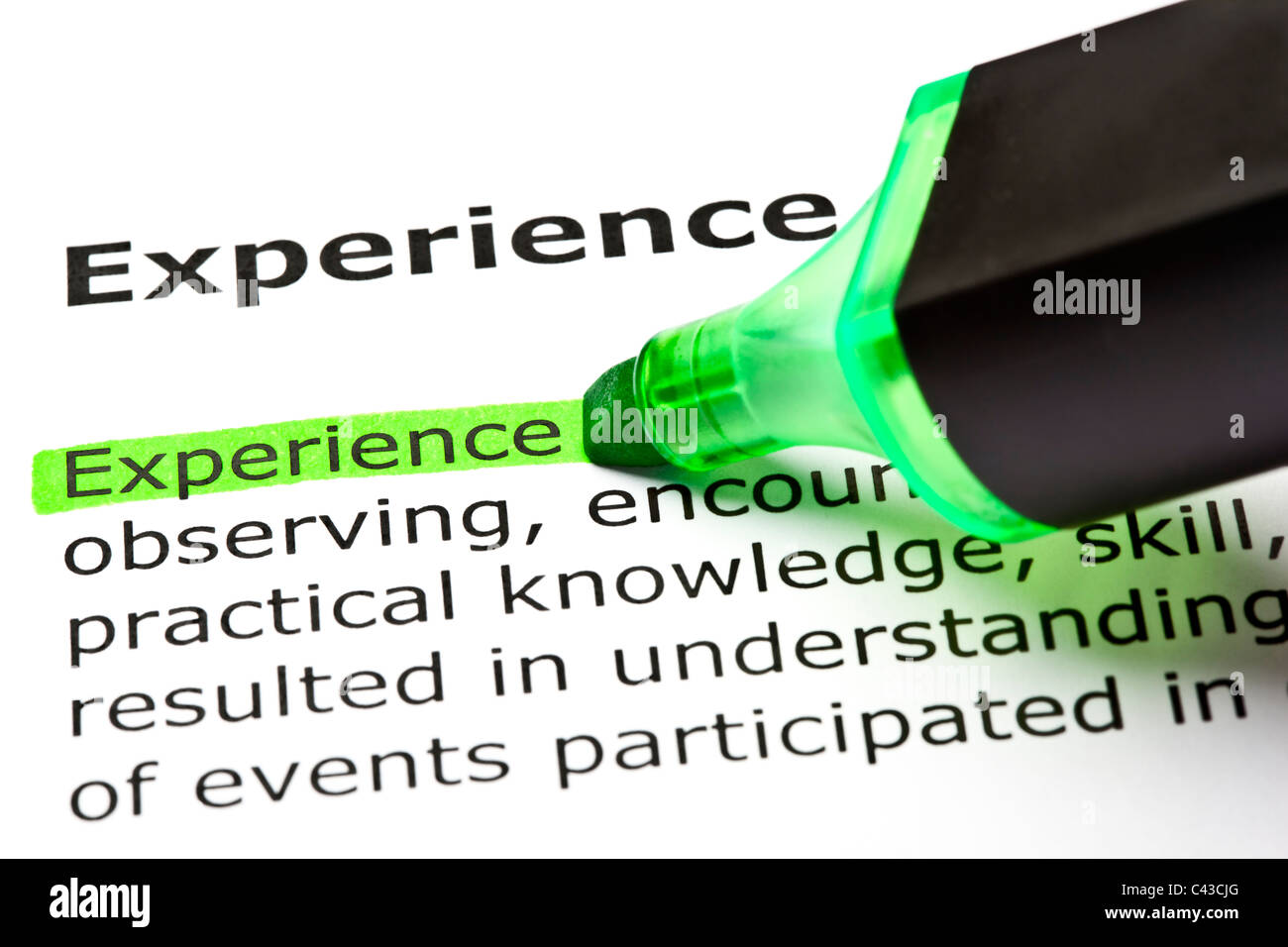 Das Wort "Erfahrung" markiert in grün mit Filzstift Tipp Stockfoto