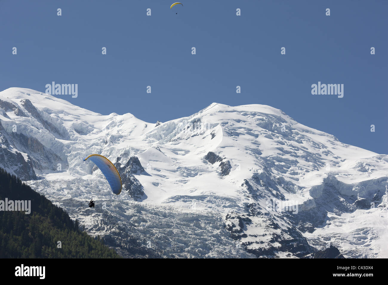 Gleitschirm auf dem letzten Anflug mit Mont Blanc im Hintergrund. Chamonix, Haute-Savoie, Auvergne-Rhone-Alpes, Frankreich. Stockfoto