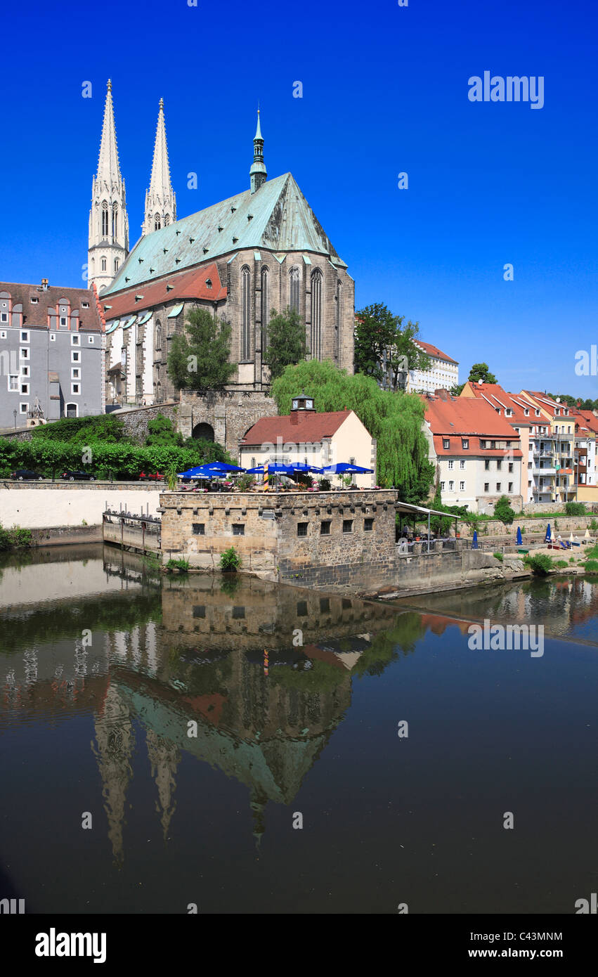 Neiße mit st. Peter und Paul Kirche und Vierradenmühle. Deutschland, Polen, Europa, Sachsen Stockfoto