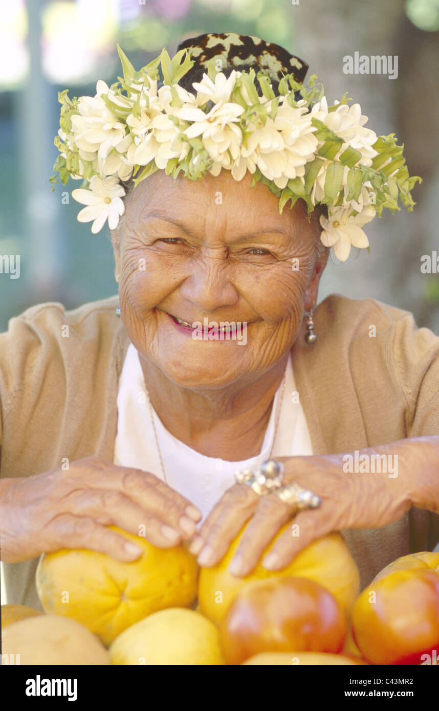 Cook-Inseln, ältere Menschen, Obst, Urlaub, Wahrzeichen, Markt, Modell, Nui, Polynesien, Punanga, Rarotonga, freigegeben, Südpazifik, Tou Stockfoto