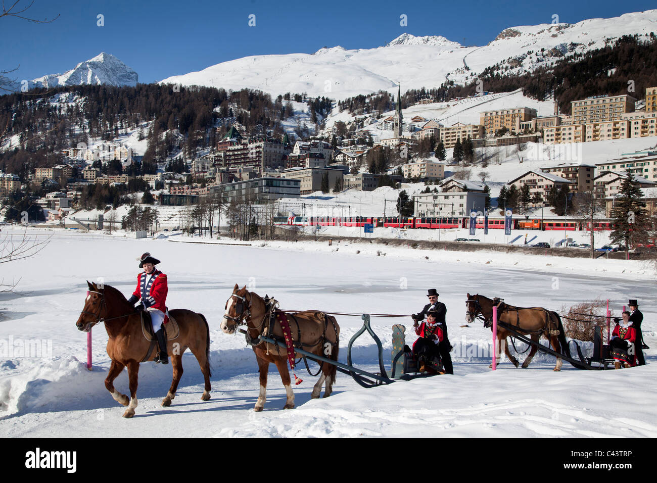 Tradition, Engadin, Folklore, Graubünden, Graubünden, Pferd, Schnee, Schweiz, Europa, St. Moritz, St. Moritzersee, See, Nation Stockfoto
