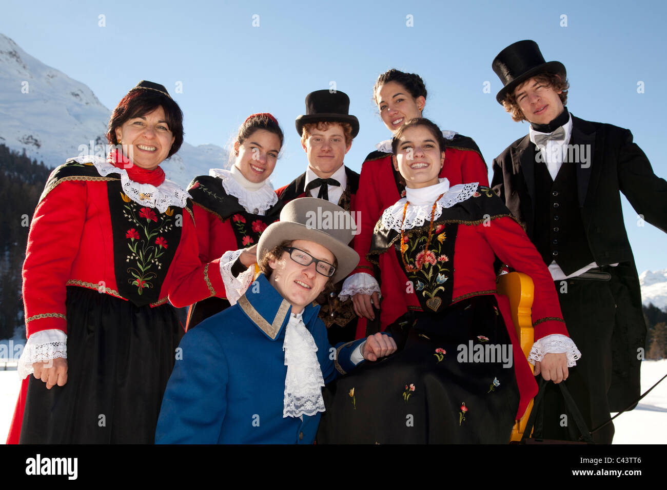 Tradition, Engadin, Folklore, Graubünden, Graubünden, Pferd, Schnee, Schweiz, Europa, St. Moritz, Costume national, Umzug, m Stockfoto