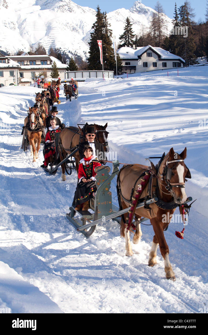 Tradition, Engadin, Folklore, Graubünden, Graubünden, Pferd, Schnee, Schweiz, Europa, St. Moritz, St. Moritzersee, See, Nation Stockfoto