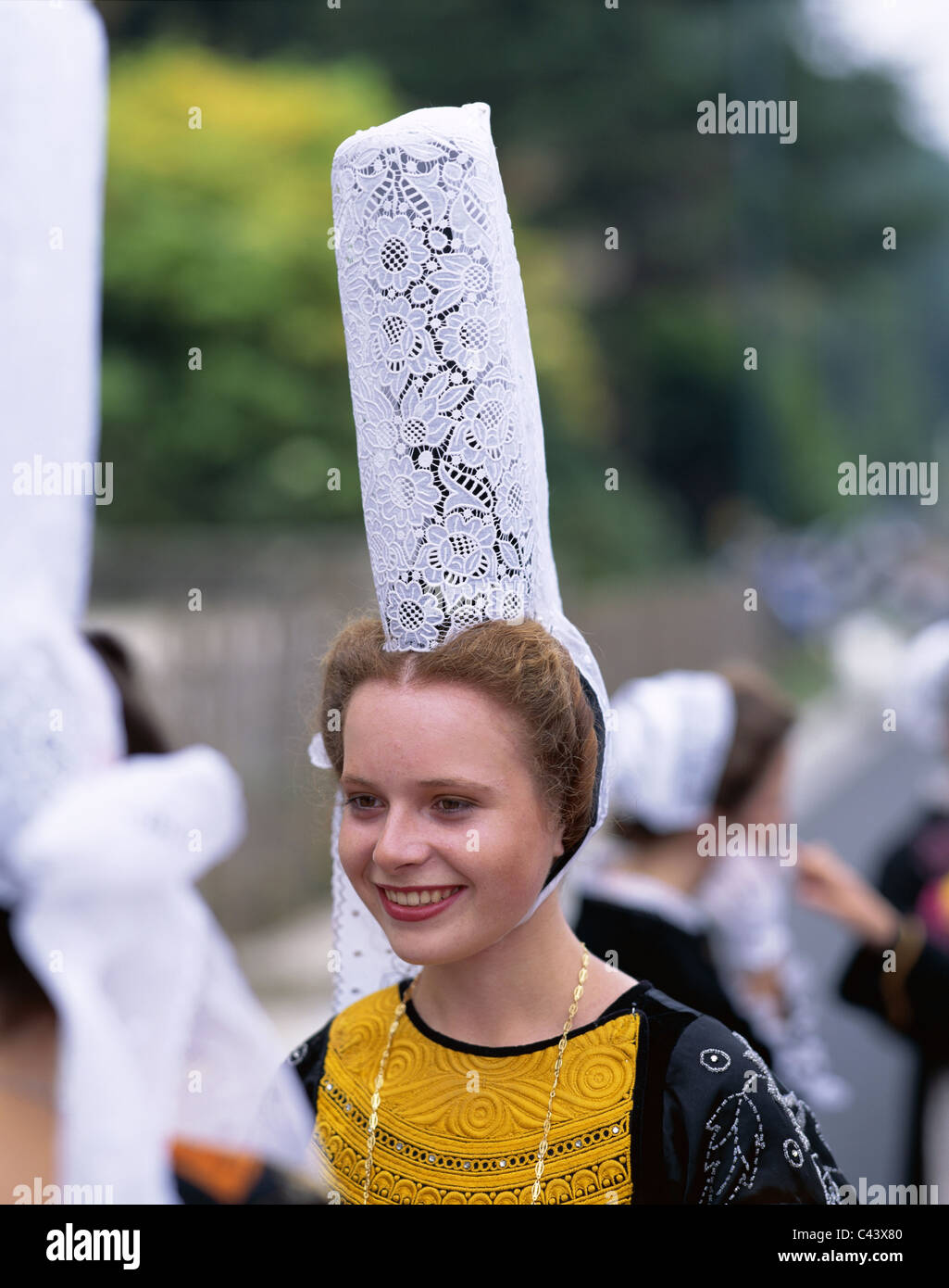 Breton, Bretagne, Coiffes, Kleid, Frankreich, Europa, Kopfschmuck, Holiday, Lace, Wahrzeichen, Modell, freigegeben, Tourismus, traditionelle, Tra Stockfoto